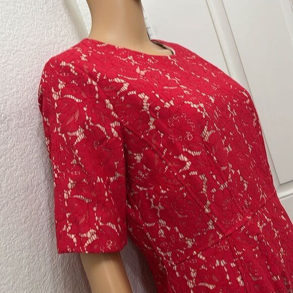 Taylor Elegant Red Floral Lace Dress Scoop Neck Short Sleeve Midi Size 14 New - Picture 3 of 14
